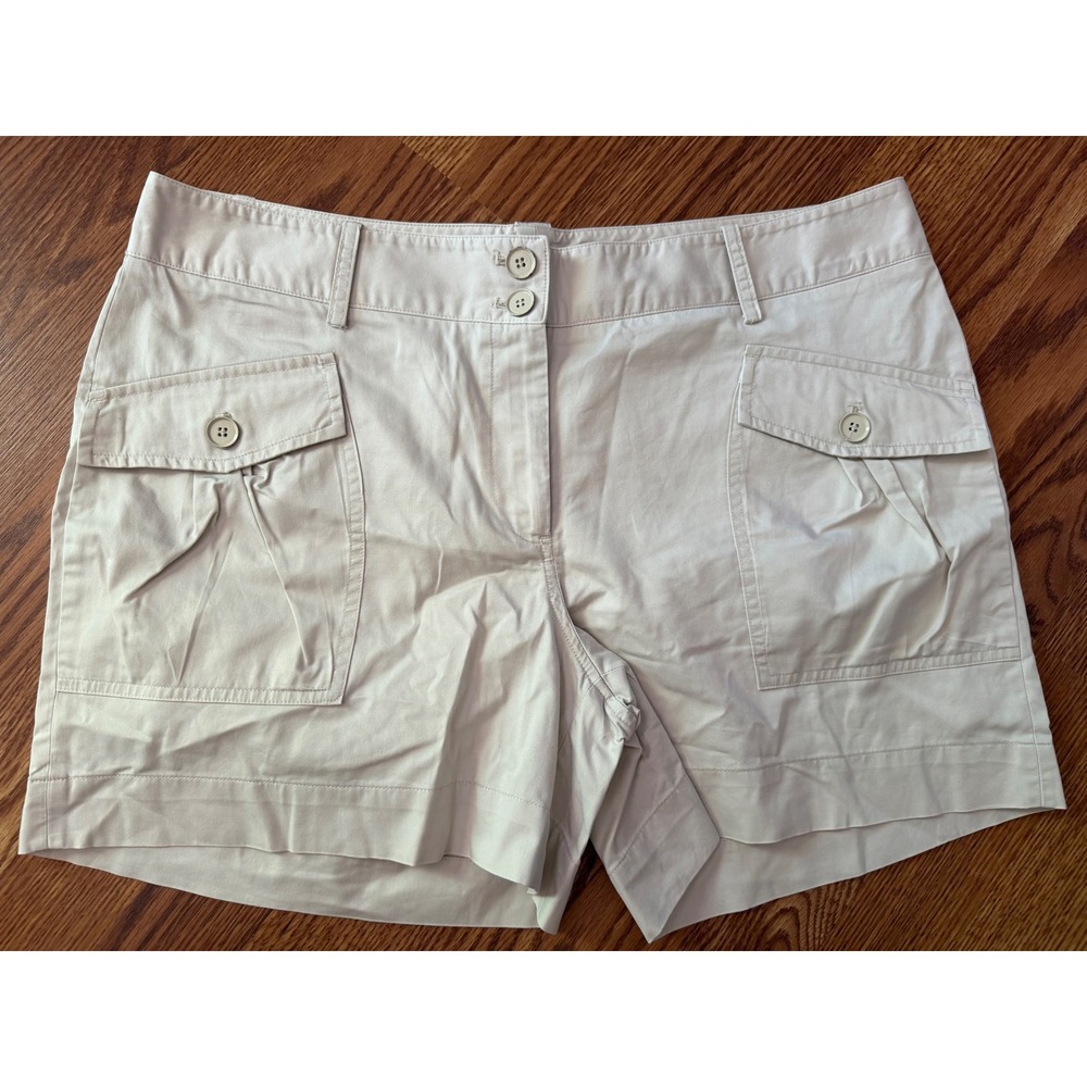 Talbots Womens Cargo Shorts Stone Beige Cotton Blend Utility Pockets Size 14